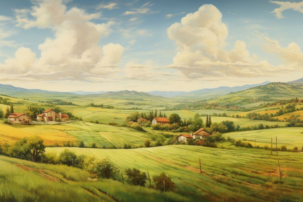 Italian countryside painting field farm. AI generated Image by rawpixel.