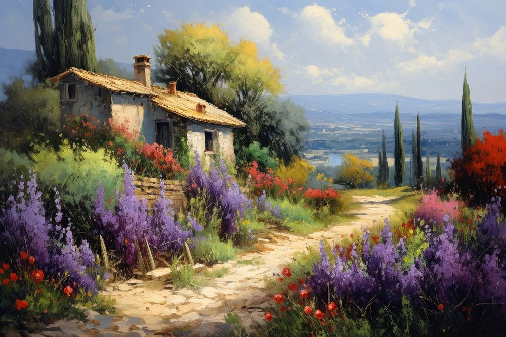 Countryside painting flower house. AI generated Image by rawpixel.