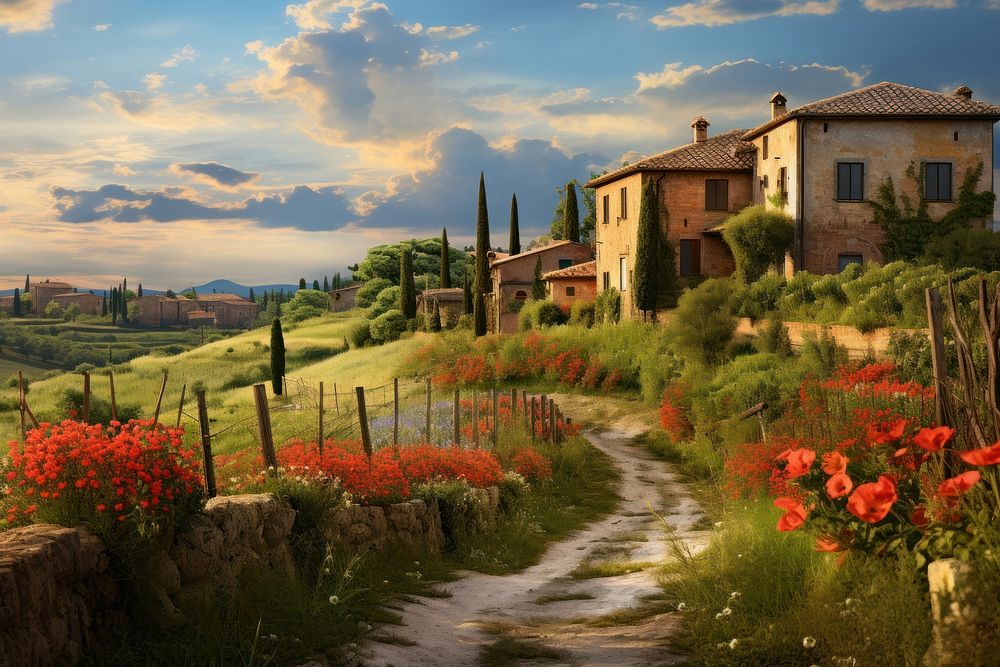 Italian countryside flower architecture landscape. AI generated Image by rawpixel.