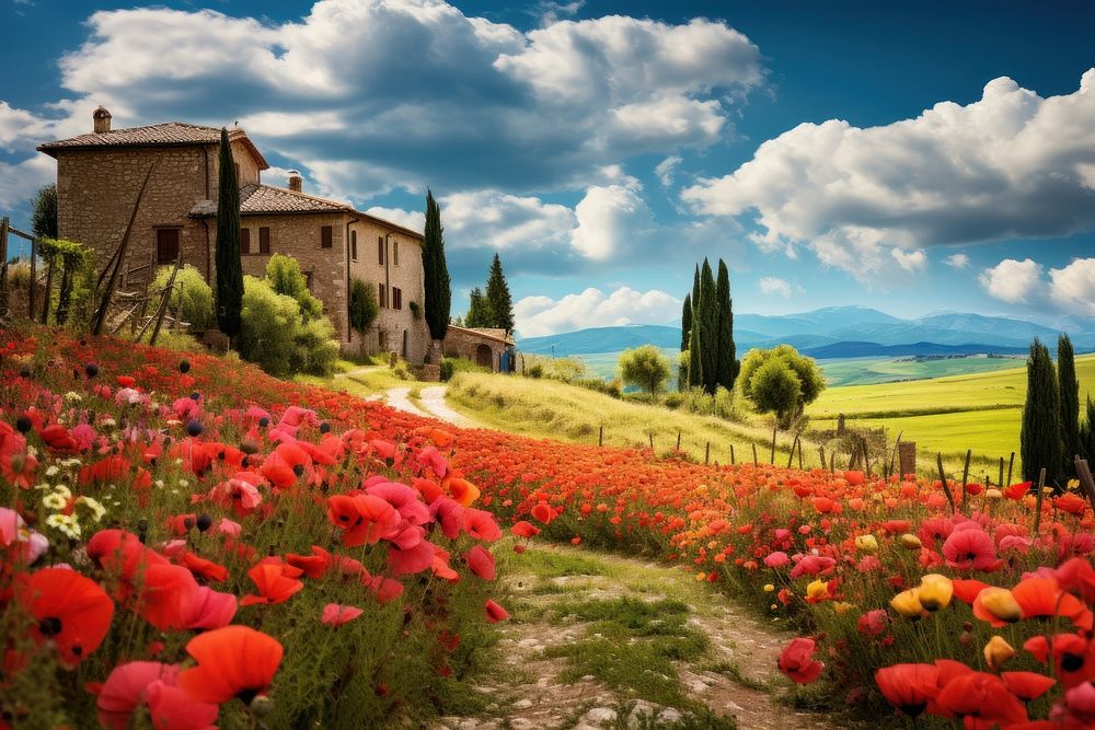 Countryside flower architecture landscape. AI generated Image by rawpixel.