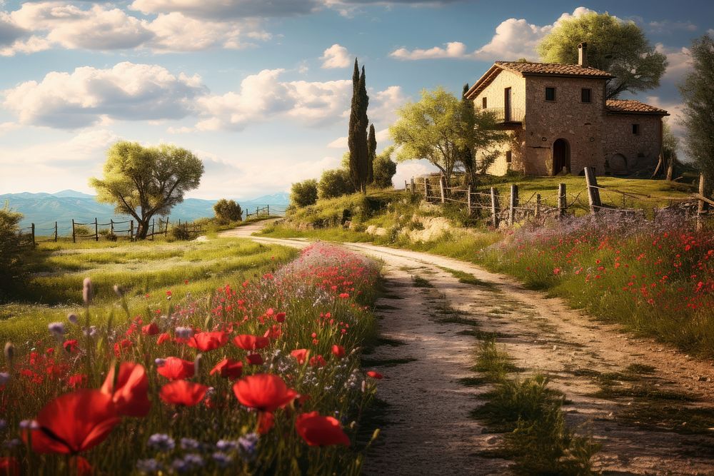 Countryside flower architecture landscape. AI generated Image by rawpixel.