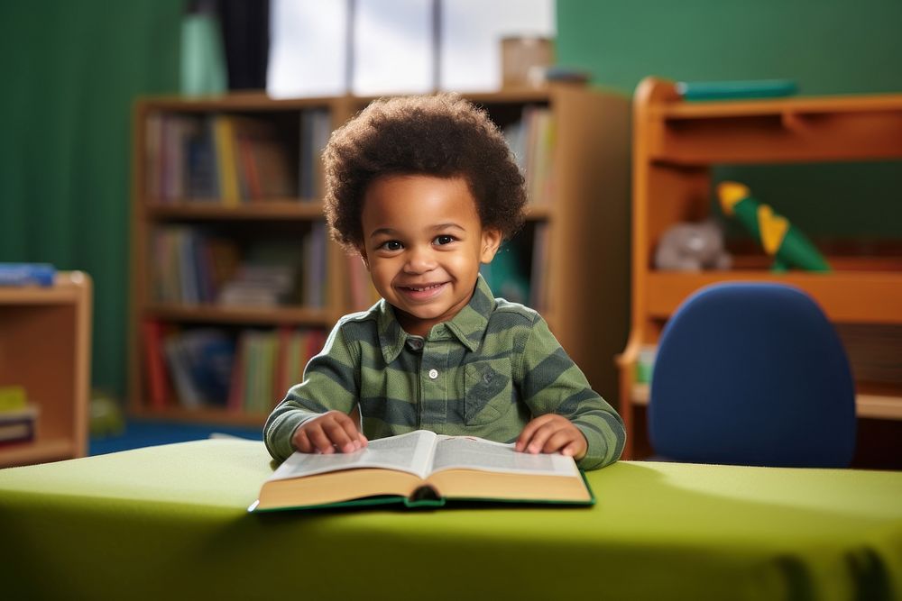 African-american boy reading book publication furniture sitting. AI generated Image by rawpixel.