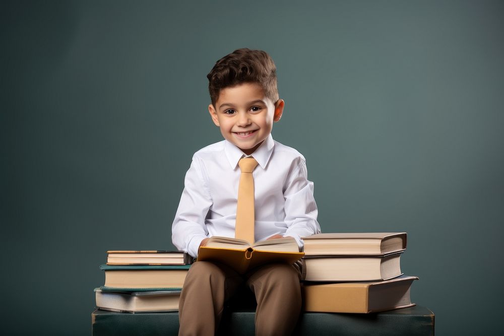Boy sitting with books reading portrait student. AI generated Image by rawpixel.