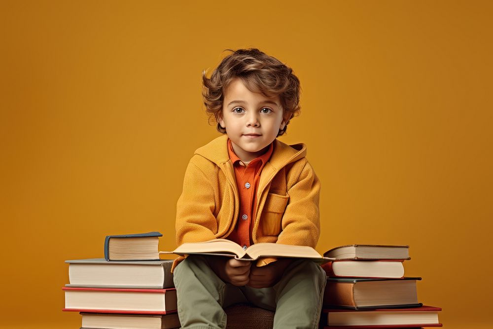 Boy sitting with books reading publication portrait. AI generated Image by rawpixel.