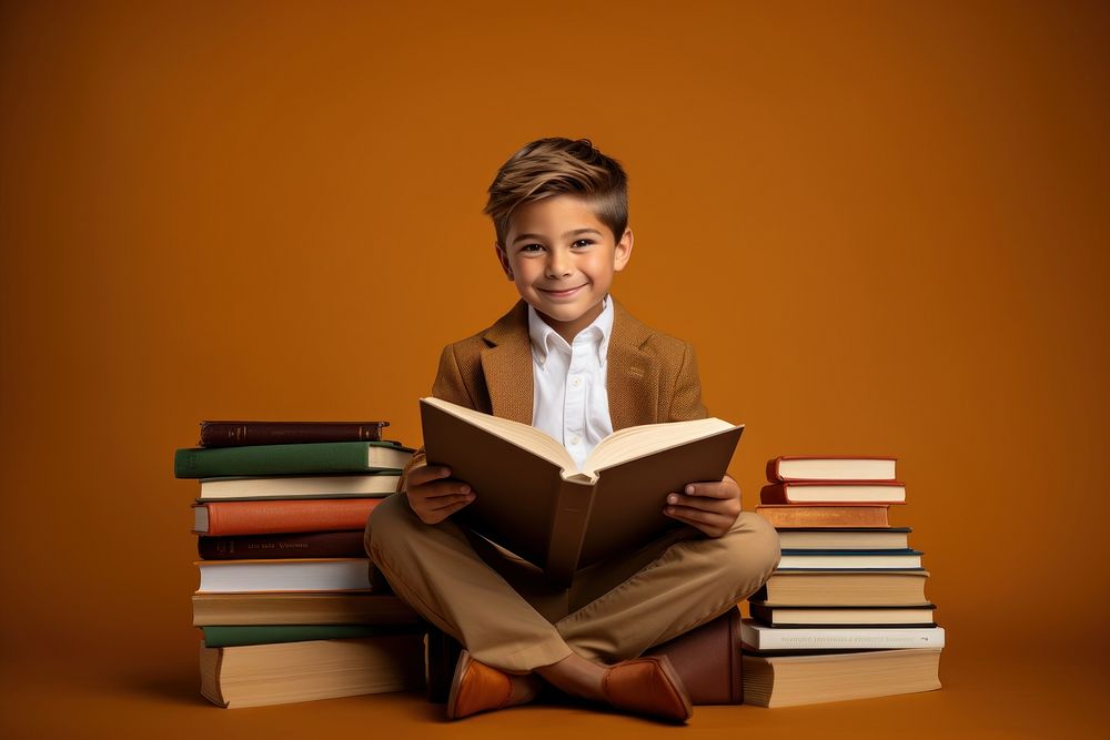 Boy sitting with books reading publication child. AI generated Image by rawpixel.