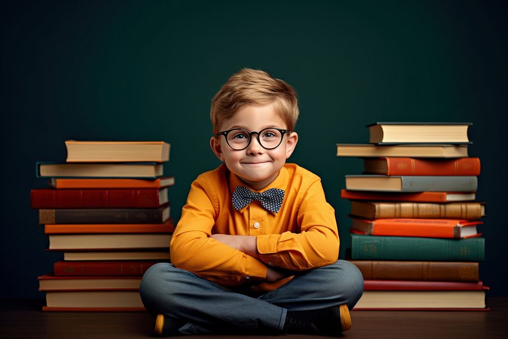 Boy sitting with books publication portrait reading. AI generated Image by rawpixel.