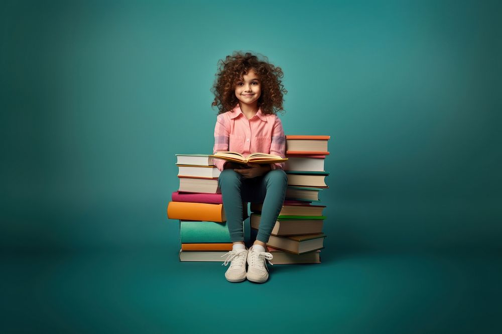 Girl sitting with books reading intelligence publication. AI generated Image by rawpixel.