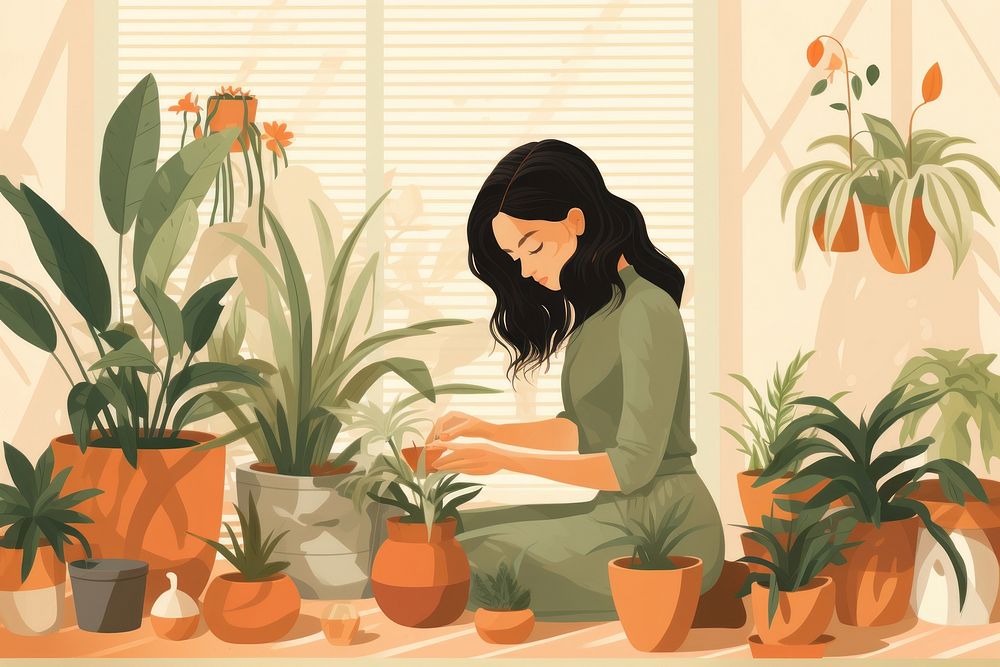 Woman planting houseplants at home gardening adult cross-legged. AI generated Image by rawpixel.