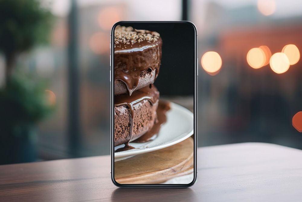 Realistic smartphone screen, chocolate cake wallpaper