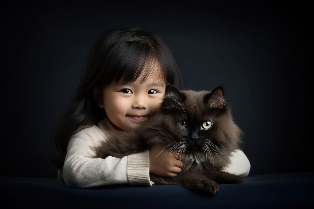 Asian children portrait sitting mammal. AI generated Image by rawpixel.