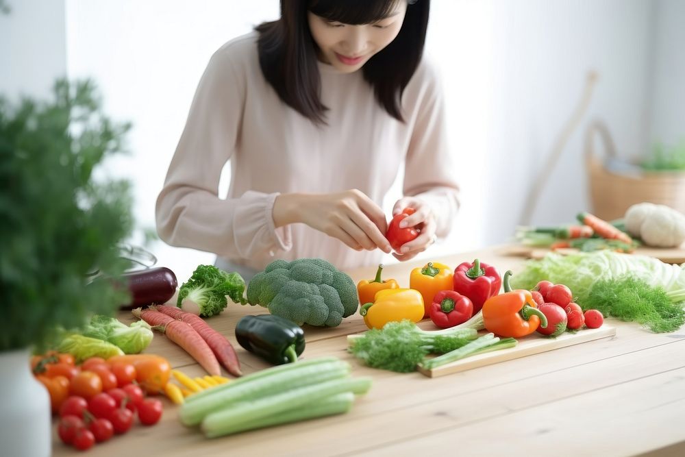 Asian girl vegetable kitchen food. AI generated Image by rawpixel.