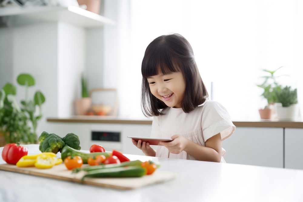 Asian girl vegetable kitchen child. AI generated Image by rawpixel.