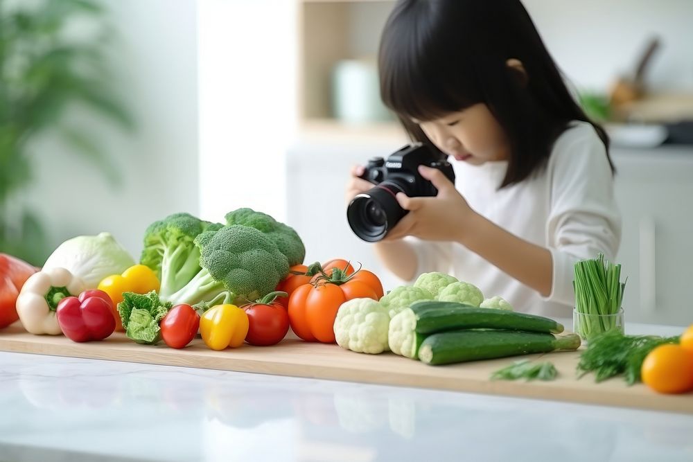Asian girl vegetable kitchen camera. AI generated Image by rawpixel.