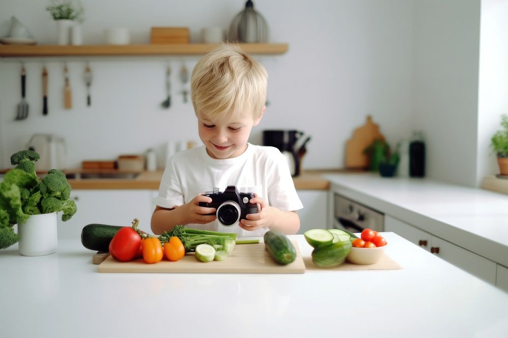 Kid taking photo of vegetables on the table portrait kitchen camera. AI generated Image by rawpixel.