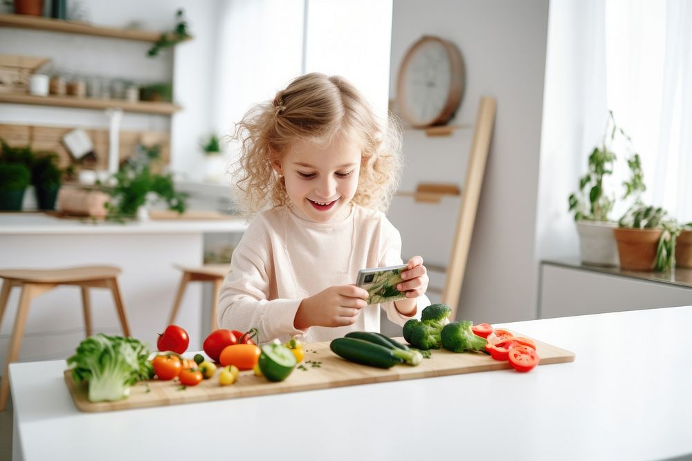 American girl vegetable kitchen child. AI generated Image by rawpixel.