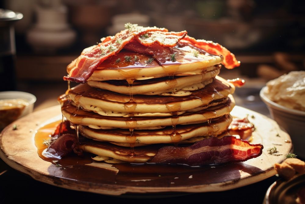 Pancake grilled bacons brunch plate Premium Photo rawpixel