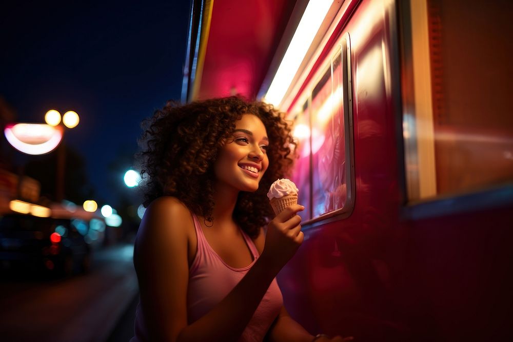 Brazilian girl enjoying ice cream night outdoors vehicle. AI generated Image by rawpixel.