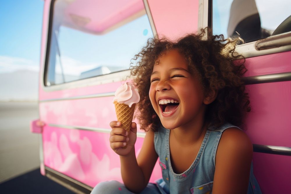 Brazilian girl enjoying ice cream laughing summer child. AI generated Image by rawpixel.