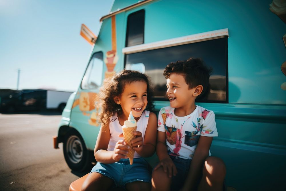 Brazilian kids enjoying ice cream vehicle summer child. AI generated Image by rawpixel.
