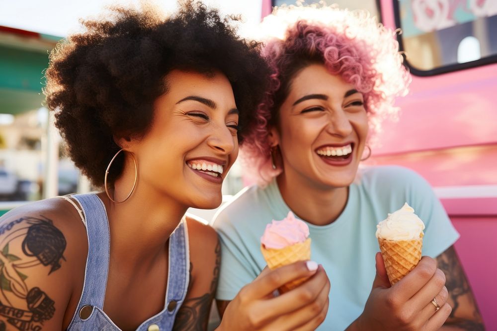 Lesbian Brazilian couple enjoying ice cream laughing summer smile. AI generated Image by rawpixel.
