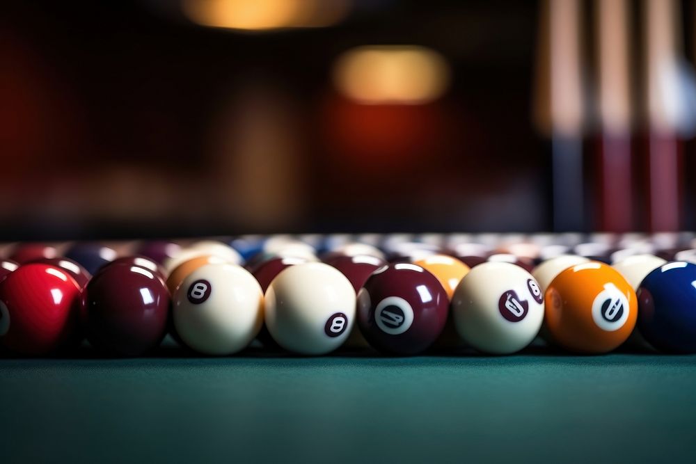Closeup of billiard balls and sticks on the table billiards sports eight-ball. AI generated Image by rawpixel.