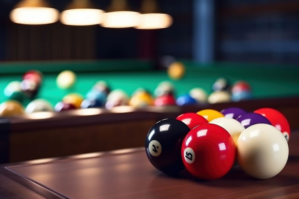 Closeup of billiard balls and sticks on the table billiards eight-ball relaxation. AI generated Image by rawpixel.