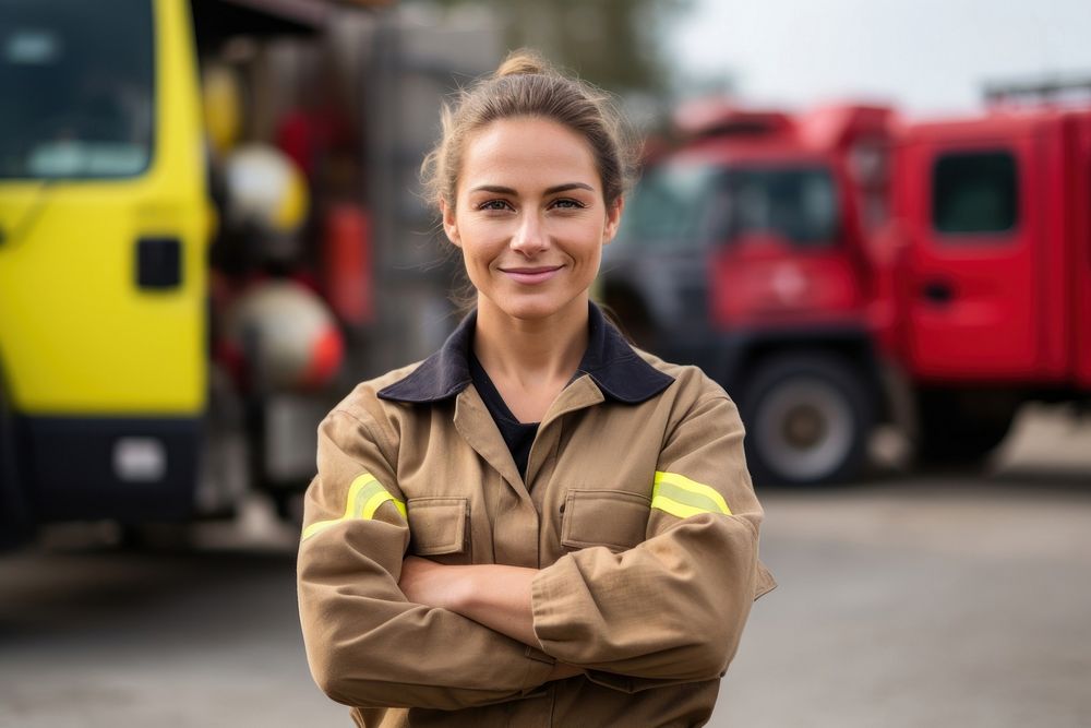 Female firefighter cross her arms over her chest and looking camera with smiling portrait outdoors female. AI generated…