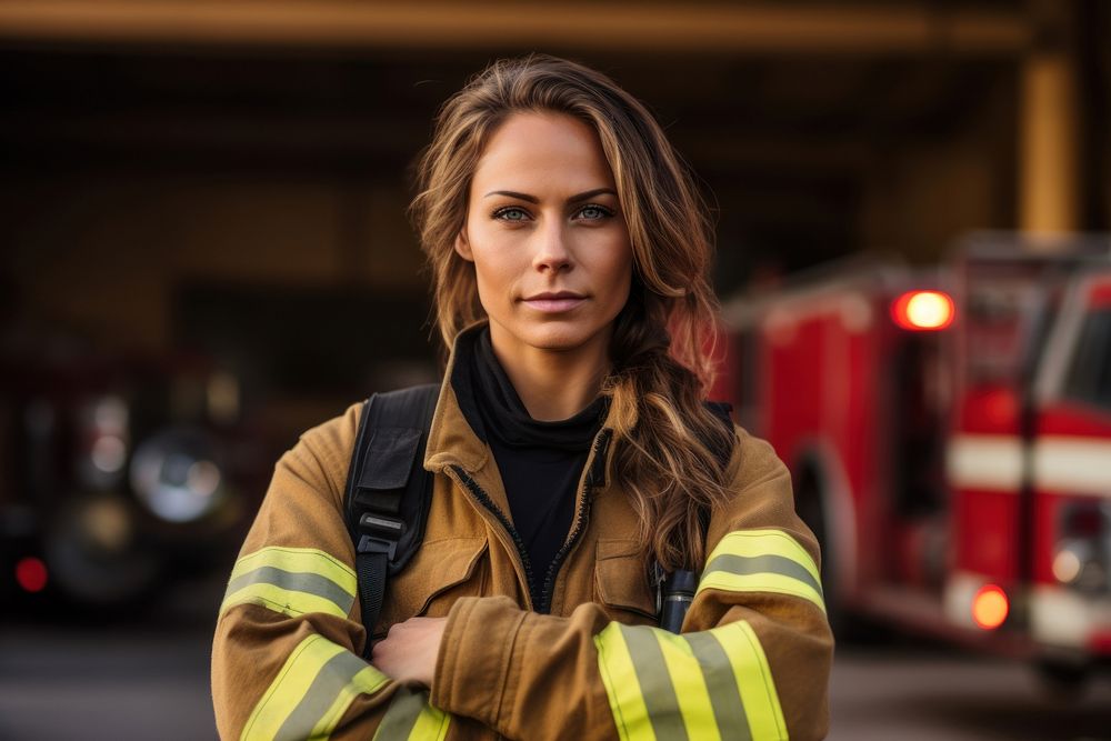 Female firefighter cross her arms over her chest and looking camera portrait vehicle transportation. AI generated Image by…
