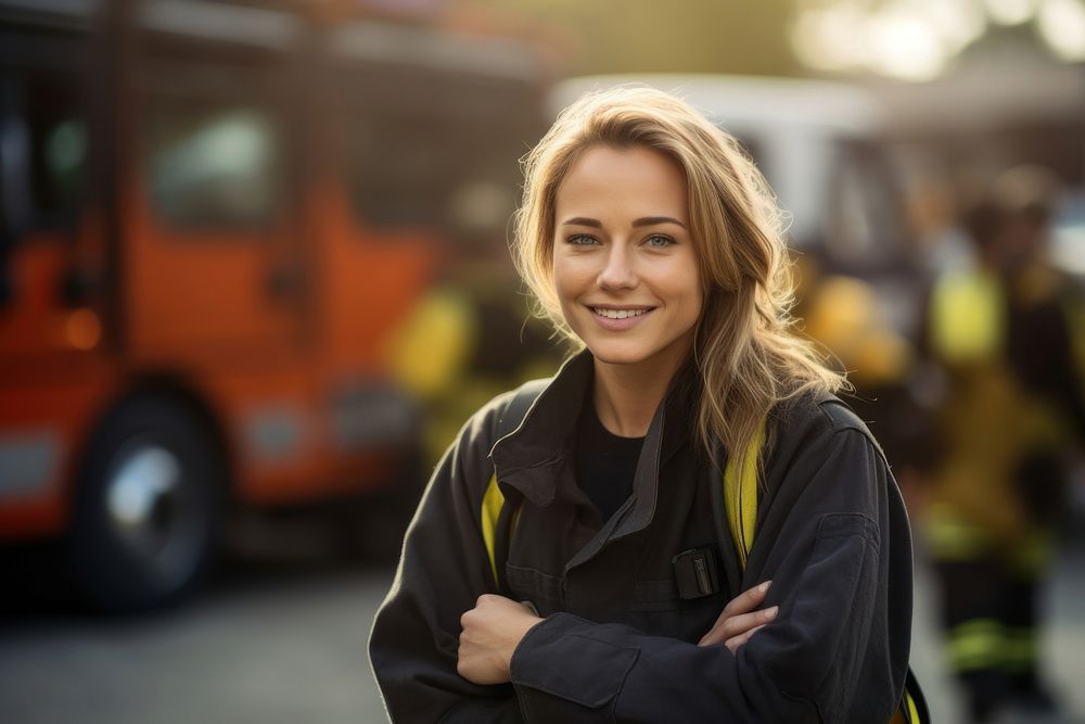 Female firefighter cross her arms over her chest and looking camera with smiling portrait outdoors vehicle. AI generated…