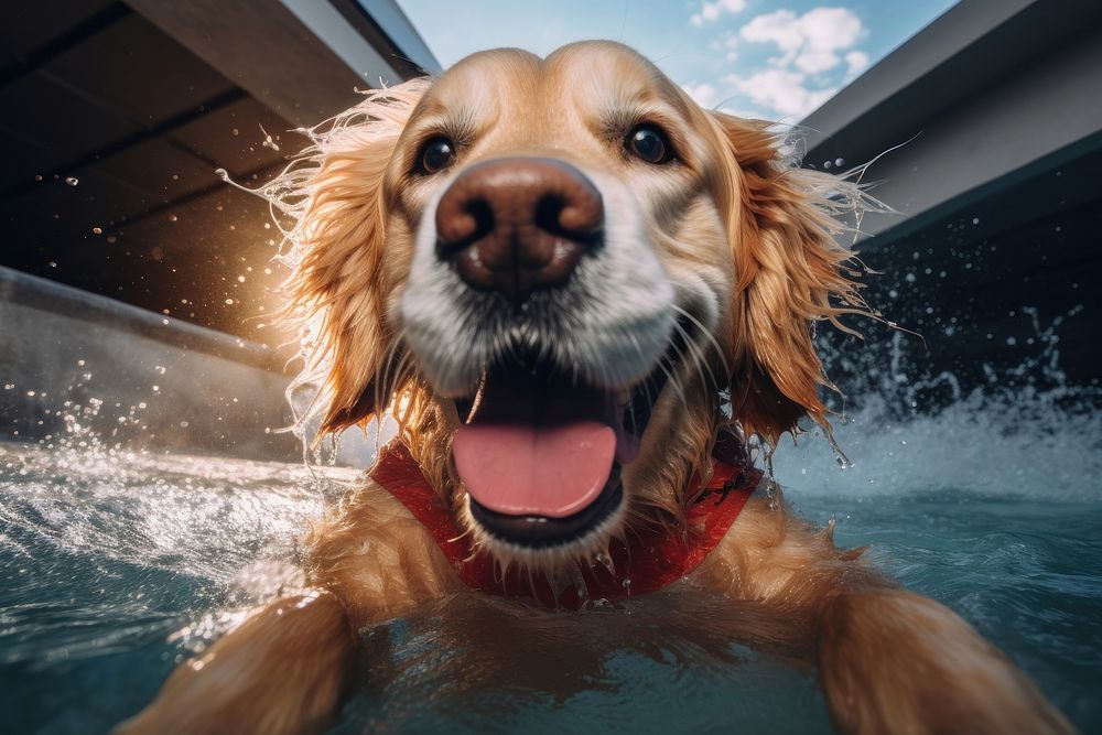 Golden retriever swimming animal mammal. AI generated Image by rawpixel.