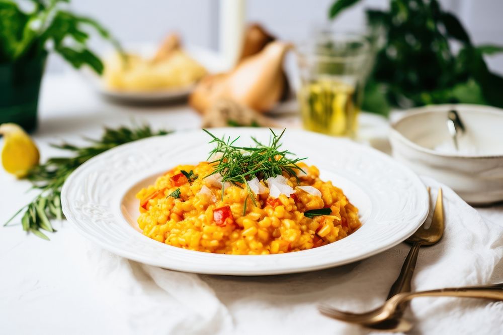 Photo of homemade risotto plate table plant. AI generated Image by rawpixel.