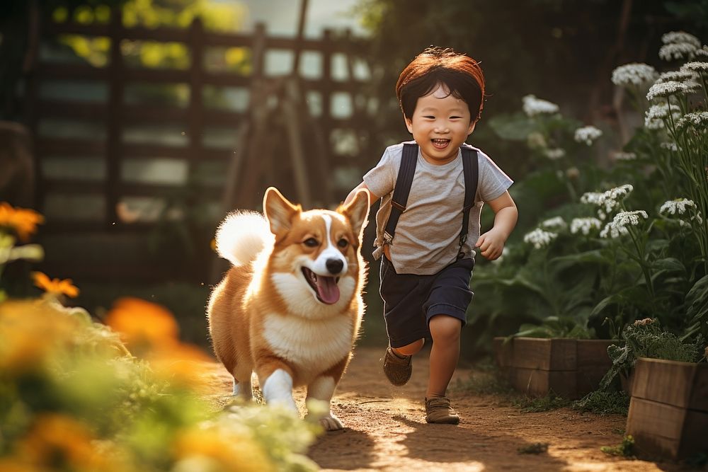 Photo of Korean little boy running with Corgi dog in the garden pet happiness mammal. AI generated Image by rawpixel.