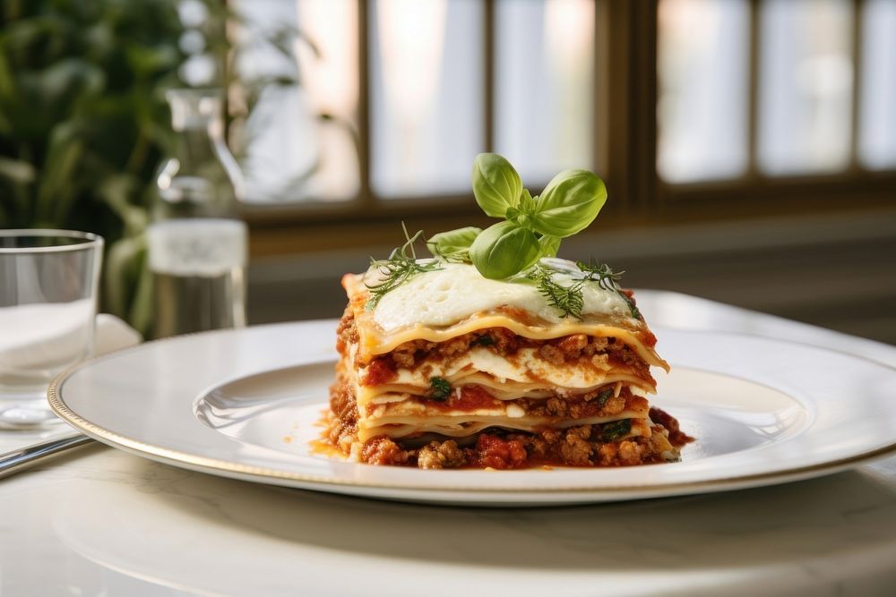 Photo of lasagna plate table food. AI generated Image by rawpixel.