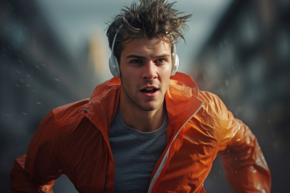 Man running jacket headphones adult. AI generated Image by rawpixel.