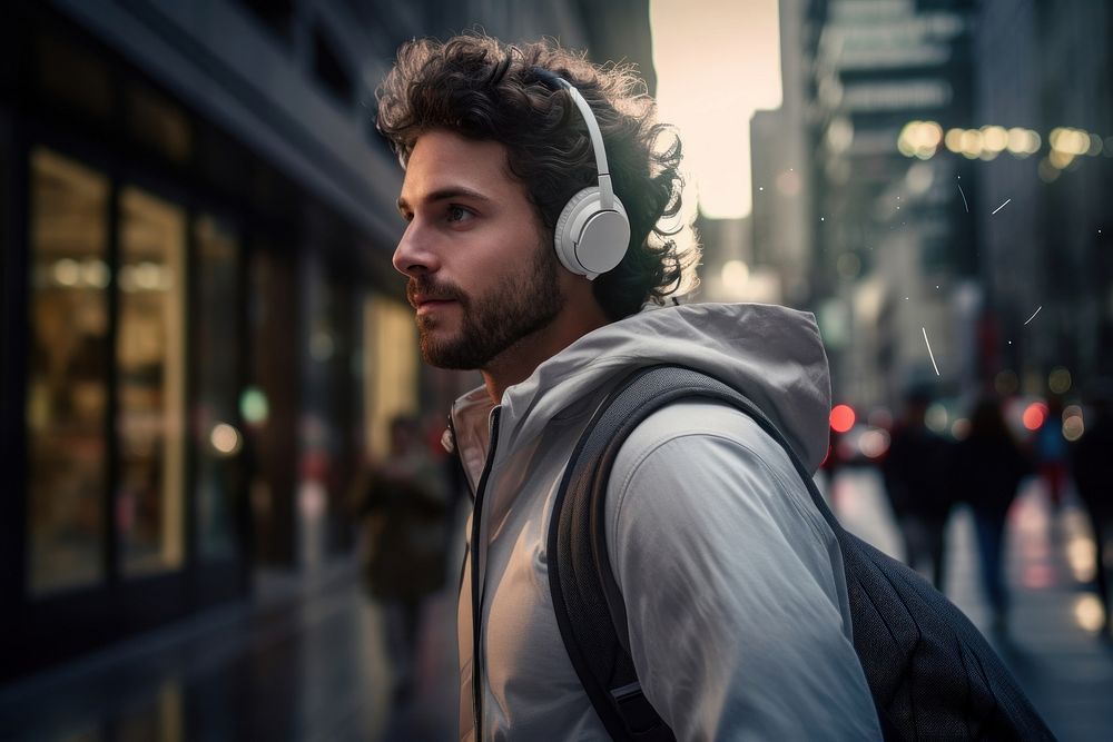 Man running headphones headset jacket. AI generated Image by rawpixel.