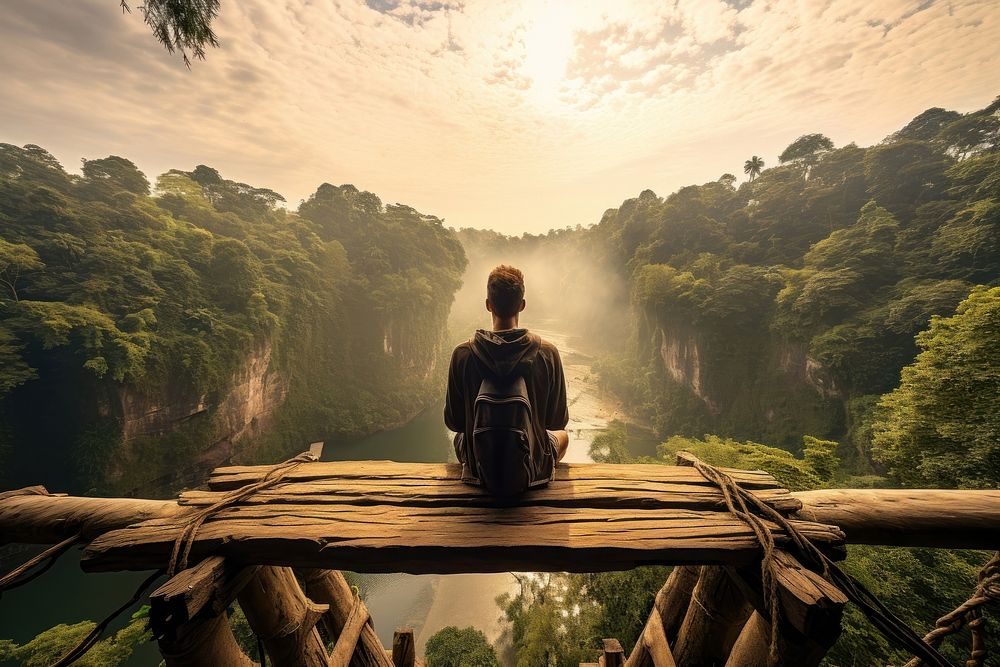 Man traveler adventure sitting forest. AI generated Image by rawpixel.
