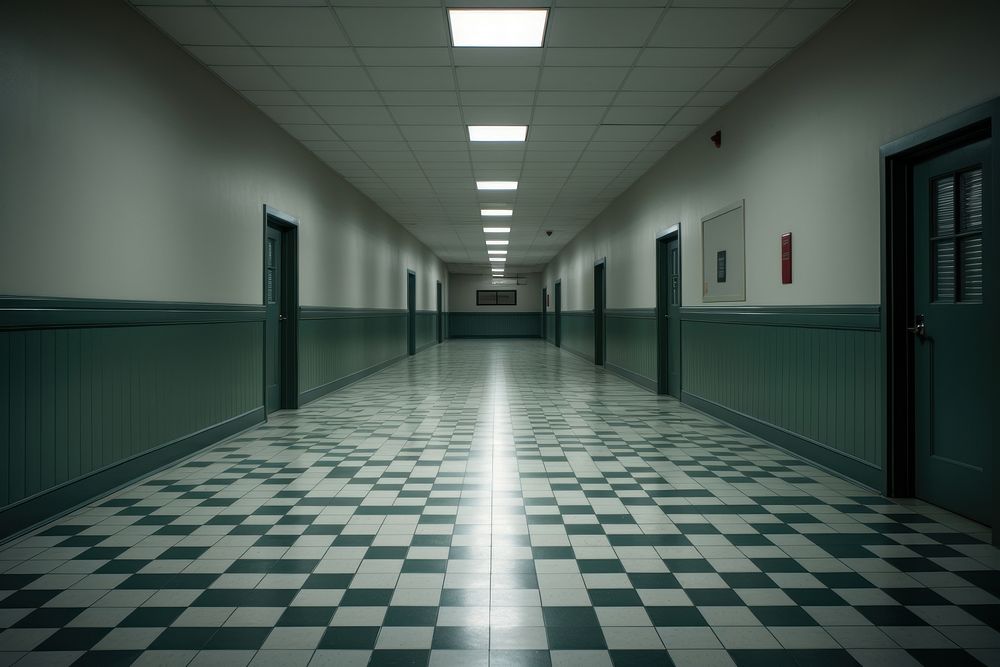 School hallway architecture corridor flooring. AI generated Image by rawpixel.