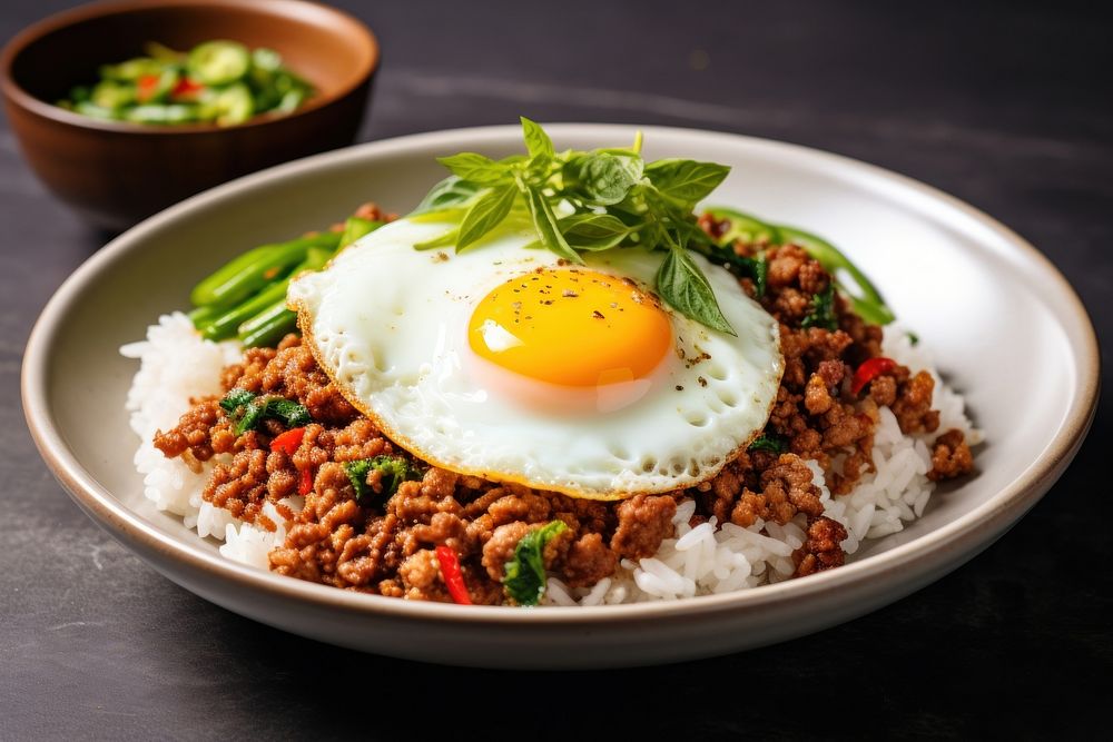 Photo of rice Stir-fried minced pork with basil plate food egg. AI generated Image by rawpixel.