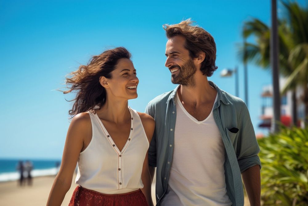 Brazilian couple at road by the beach laughing summer adult. AI generated Image by rawpixel.
