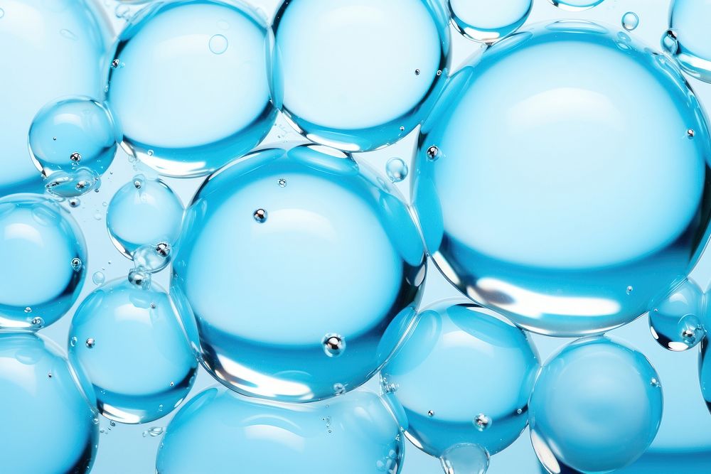 A wide many small blue bubbles isolated on clear solid background backgrounds turquoise transparent. AI generated Image by…