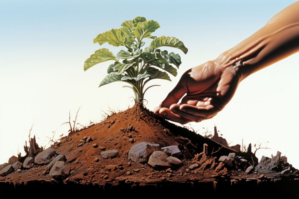 A hand holding a single little plant growing out of a mound of soil on an isolated white background gardening planting…