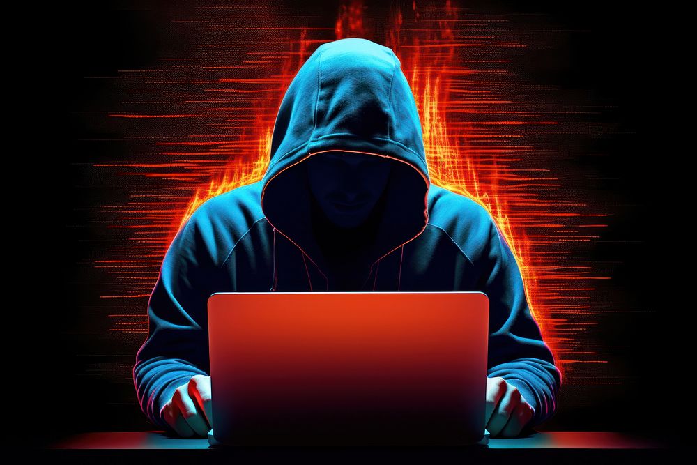 Anonymous young man hacker in black hood wearing mask sitting playing laptop isolated on a white background sweatshirt…