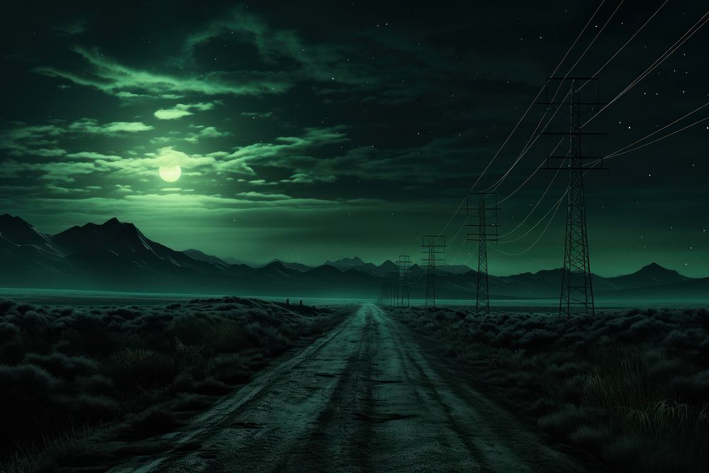 The green sun is setting over a country road and power lines nature outdoors night. AI generated Image by rawpixel.