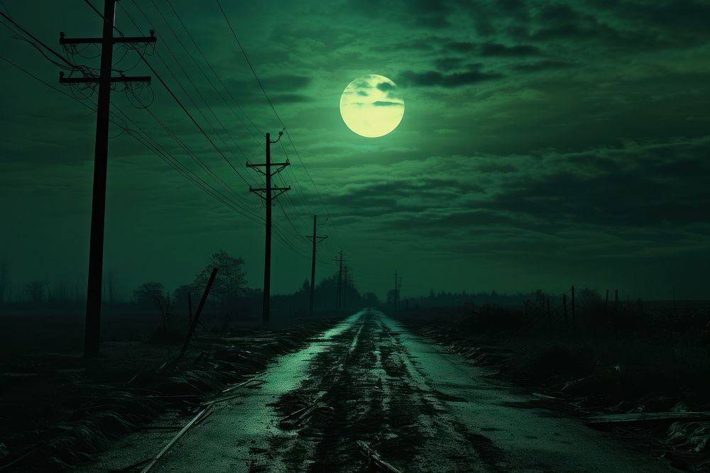 The green sun is setting over a country road and power lines nature moon outdoors. AI generated Image by rawpixel.