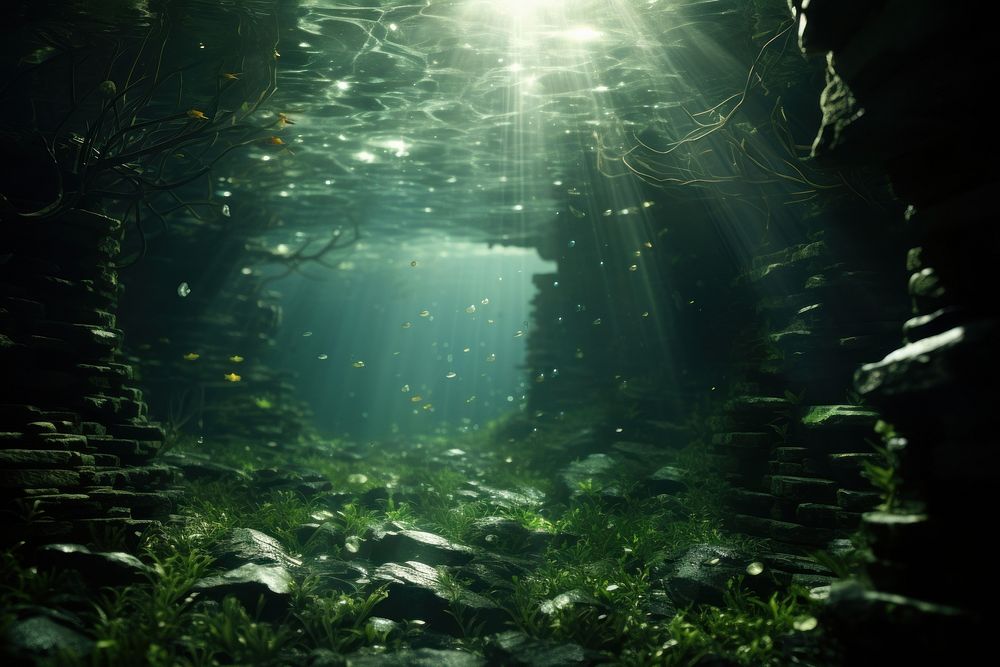 Under green water with Glittering rays of light reflecting off a surface nature underwater sunlight. AI generated Image by…