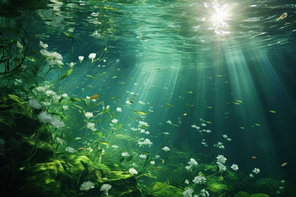 Under green water with Glittering rays of light reflecting off a surface nature backgrounds underwater. AI generated Image…