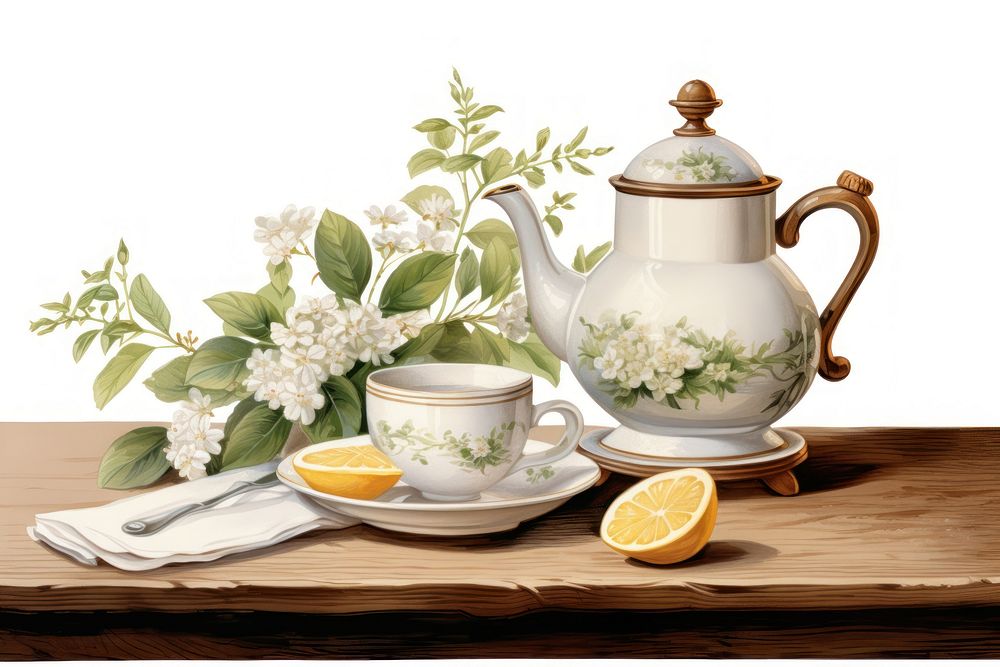 A pitcher of tea and a white mug on a wooden table art porcelain teapot. 