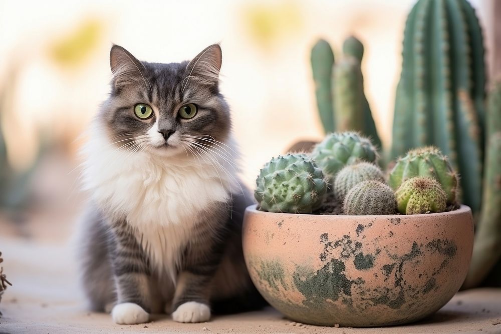 A cute mini cactus pot is placed amidst desert plants with a baby cat sitting beside it mammal animal pet. AI generated…