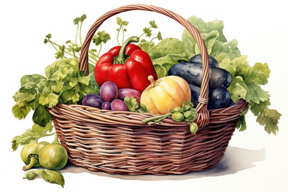 A mini basket filled with healthy vegetables fruit plant food. 