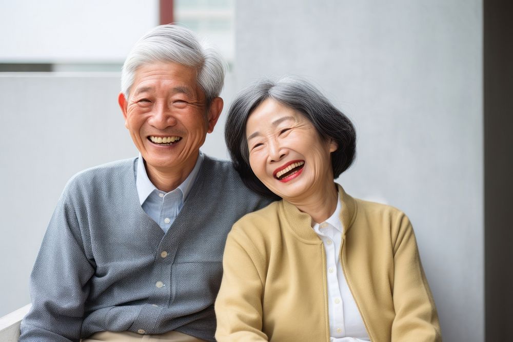 Senior Asian korea couple posing laughing portrait adult. AI generated Image by rawpixel.